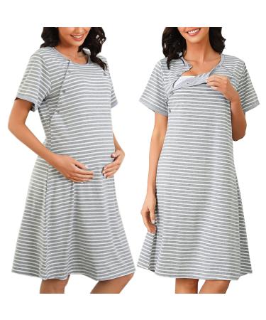 Sykooria Women's Maternity Nightdress Breastfeeding Nightwear Short Sleeve Nursing Nightgown Button Down Sleep Shirt V Neck Pajama Tops Soft Loungwear For Pregnant Women B - Stripe Light Grey XXL