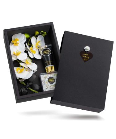 Birthday Gifts Home Spa Gift Baskets for Women - Bath and Body Gift Basket for Men Birthday Gifts Plant Essential Oil with Bouqet of White Orchid Soaps Orchid Scented Hand Lotion & 4 Bath Bombs