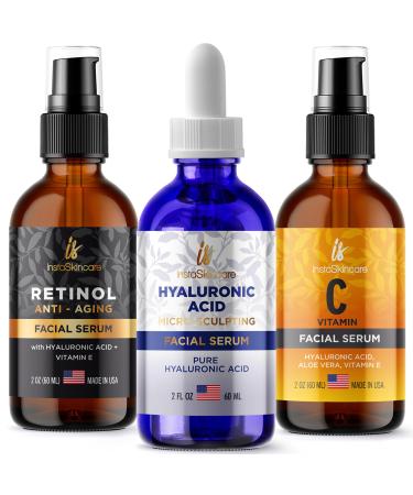 Pack of 3 Vitamin C & Hyaluronic Acid & Retinol Serums Natural Skin Care Facial Treatment Neck & Chest Anti-Aging Serum Fights Pigmentation Fine Lines and Wrinkles
