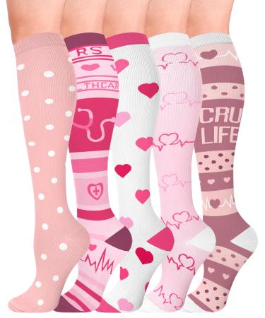 Hipower compression stockings 5 pairs of women and men colorful support stockings sports compression socks support knee socks travel socks compression sock for flight cycling nurse L-XL A-5 pair
