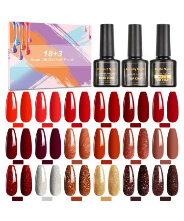 SHOWNAIL Gel Nail Polish 21Pcs Sparkle Red Gel Polish Soak Off Gel Nail Polish Set with Base Glossy Matte Top Coat Classic Red Gel Nail Polish Colour Nail Art Starter Manicure Salon DIY 8ml 18C