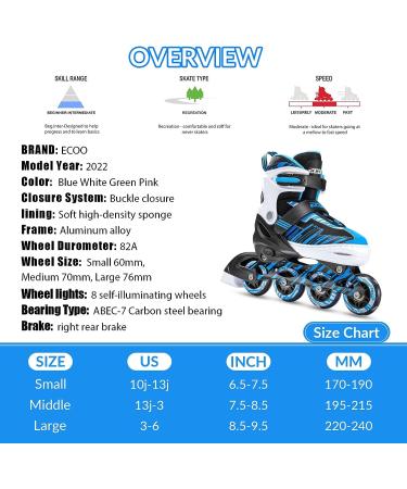 ECOO Adjustable Inline Skates with Light-up Wheels for Kids (Ages 4-12) - Blue - Large-Youth (3-6 US) | Beginner Roller Blades for Boys and Girls - Indoor and Outdoor Use - Buy Online on SooperMarket.com