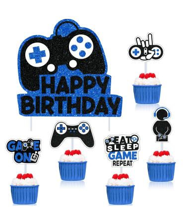 31 Piece Video Game Happy Birthday Cupcake Toppers Cake Toppers Video Gamer Party Decorations Supplies Picks Gaming Theme Birthday Party Banner Game Controller Backdrop for Kid Boys Gaming (Blue)