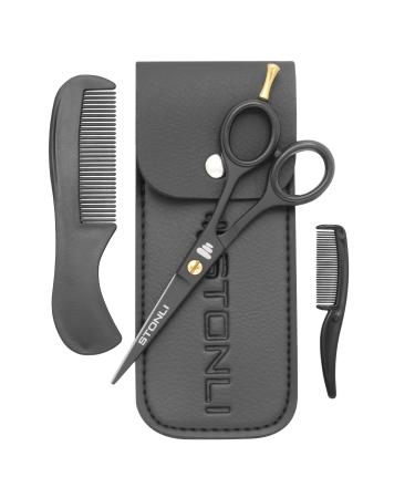 STONLI 5" Beard and Moustache Scissors with Comb & Pouch - Small Hairdressing Scissors - Nose Ear & Eyebrows Hair Scissors (Black)