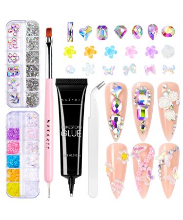 Makartt Nail Rhinestone Glue Gel Kit Adhesive Nail Gel with Dual-End Nail Brush Nail Crystal Rhinestone Tweezer 3D Nail Butterflies Flowers Pearls Nail Glue Gel Kit DIY Manicure Tool 5pcs