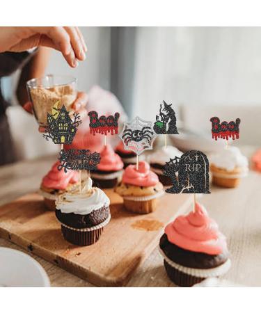 Rsstarxi 24 Pack Halloween Cupcake Toppers Glitter Tombstones Spider Boo Ghost Witch Cupcake Picks Skull Bat Happy Halloween Cake Decoration for Horror Halloween Baby Shower Birthday Party Decorations Design 25 - Buy Online on SooperMarket.com