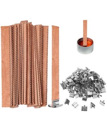 100 Pcs Wooden Candle Wicks, 5.9 X 0.59 Inch Thicken Wood Wicks Naturally Smokeless Candle Wicks Candle Making Supplies with Thicken Iron Stand for Candle Making (50 Set)