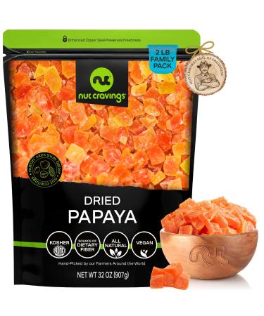 Sun Dried Papaya Chunks, with Sugar Added (32oz - 2 LB) Packed Fresh in Resealable Bag - Sweet Dehydrated Fruit, Snack Treat - Healthy Food, All Natural, Vegan, Kosher Certified