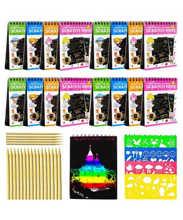 16 Pack Scratch Arts and Crafts Notebooks Scratch Note Pads for Kids Includeing 4 Drawing Stencils and 16 Wooden Stylus Scratch Paper for Kids Art Party Supplies Stocking Stuffers