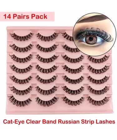Heracks 14 Pairs D Curl Russian Cat-Eye Lashes | 10-20 MM Fox Eyelashes | Wispy False Eyelashes with Clear Band - Buy Online on SooperMarket.com