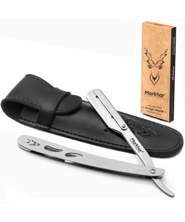 MARKHOR Cut Throat Razor Kit Stainless Steel Straight Razor - Professional Barber Razor Premium Quality Straight Edge Razor Moustache & Beard Shaving Razor Single Blade Razor Polish Stainless Steel