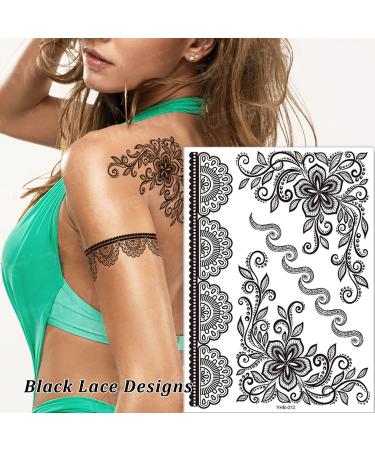 Black Henna Temporary Tattoo Stickers - Lace Pattern Body Art Design for Women - Waterproof and Sexy Mandala Flower Fake Tattoos - 6 Sheets - Buy Online on SooperMarket.com