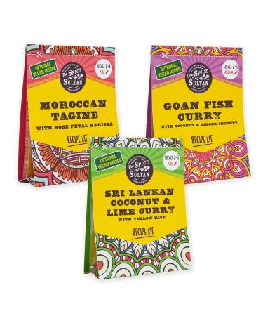 The Spice Sultan - World Explorer Spice Kit Selection Box with Recipes (3 meal kits) including Goan Fish Curry Moroccan Tagine Sri Lankan Coconut & Lime Curry Gluten-free Vegan World Explorer Selection