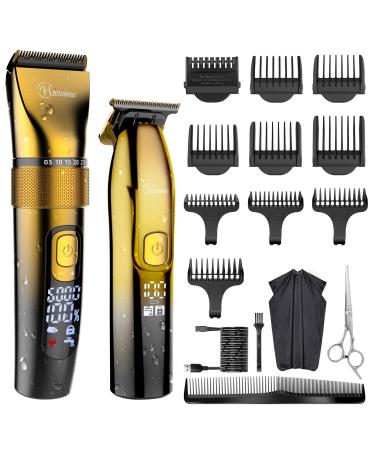 Hatteker Mens Professional Hair Clippers and T-Blade Trimmer Kit Cordless Beard Barber Clipper Hair Cutting Kit Haircut Grooming Kit IPX7 Waterproof (Gold)