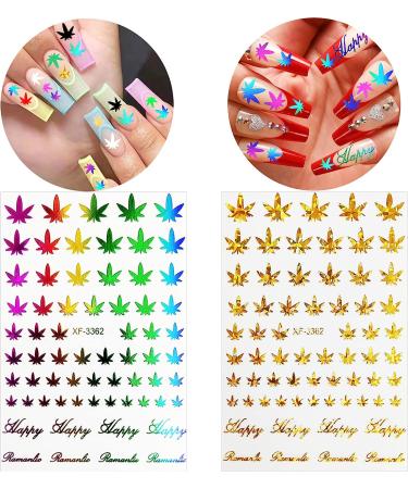 12 Sheets Pot Leaf Nail Art Stickers | Self-Adhesive 3D Maple Leaf Decals for Fall Nail Art | Glitters, Flakes & Colorful Weed Design - Buy Online on SooperMarket.com