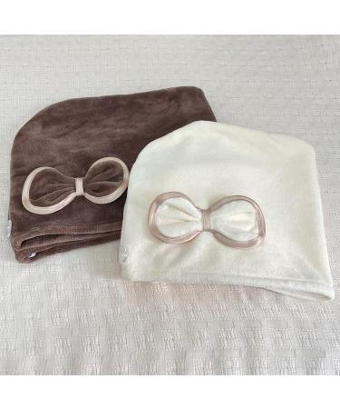 Jseng Microfiber Hair Towel Wrap for Women - Fast Drying Turbans with Cute Bowtie | 2 Packs for Curly Long Wet Hair - Cream & Brown - Buy Online on SooperMarket.com