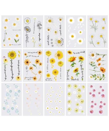 Oottati 15 Sheets Temporary Tattoo Stickers For Women Yellow White Daisy Flower Words Suit for Wrist Hand Neck