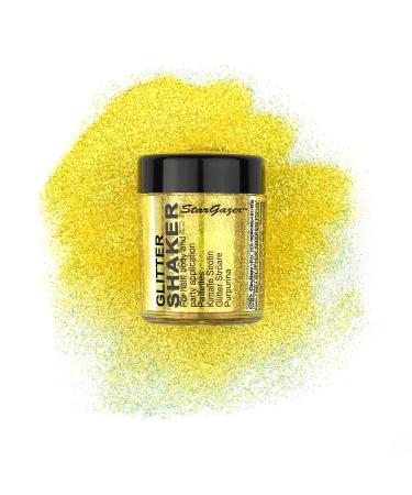 Stargazer UV Glitter Shaker Yellow. Cosmetic glitter powder for use on the eyes lips face body hair and nails. UV Yellow