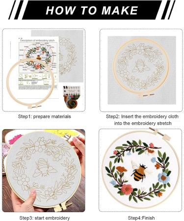 Lukinbox Embroidery Starter Kit for Beginners - 3 Cross Stitch Sets with Cute Bees and Flowers Patterns, Hoop, Threads, Needles & Instructions - Buy Online on SooperMarket.com