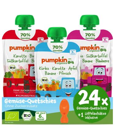 Pumpkin Organics 24 Pack first love organic vegetables squeeze with 1 spoon attachment - squeezing without sugar additive - baby food for babies from the 6th month - gluten -free & vegetarian (24x100g) 100 g (24 Pack)