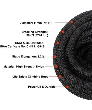PHRIXUS UIAA Certified 11mm Black Static Climbing Rope - 150.0ft, 200ft, 300ft for Rock Climbing, Rappelling, Mountaineering - Kern Mantle Rope for Hauling & Rescue - Buy Online on SooperMarket.com