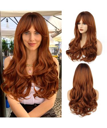 Faelbaty wig with long curls orange pony wig ombre brown to orange wig for women wig with long curls for girls natural curly wig party cosplay wig (24 "r6/30c#)