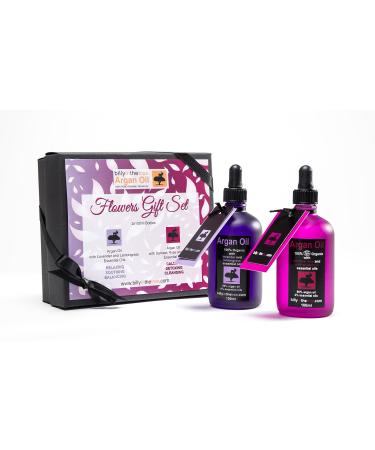 Argan Oil Flowers Gift Set. 1x100ml argan oil with lavender and lemongrass essential oils and 1x100ml argan oil with damask rose and pink grapefruit essential oils.