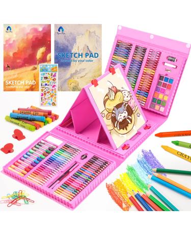 Art Supplies 240-Piece Drawing Art Kit Gifts Art Set Case with Double Sided Trifold Easel Includes Oil Pastels Crayons Colored Pencils Watercolor Cakes Sketch Pad (Pink)