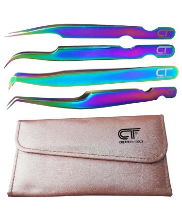 CT Eyelash Tweezers Lash Tweezers for Extensions Straight Curved Individual Russian Volume Isolation Stainless Steel Rainbow Set (4 PCs Set (Rainbow))