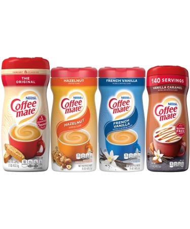 Coffee Mate Powdered Creamer Variety 4 Pk, 1 of each of the following: Original, Hazelnut, French Vanilla, Vanilla Caramel 4 Piece Assortment
