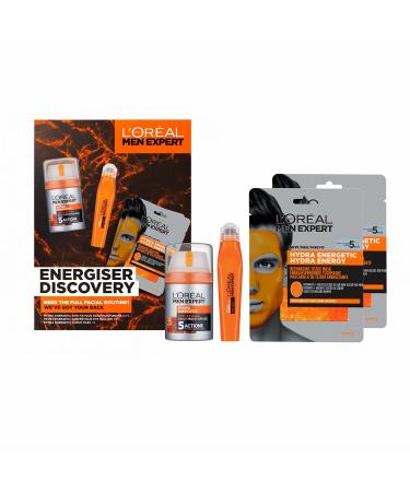 L Or al Paris Men Expert Energiser Discovery Giftset for Men Anti-fatigue Moisturiser 50ml Revitalising Eye Roll On 10ml and Recharging Tissue Mask 30g Hydra Energetic Trio With Vitamin C*
