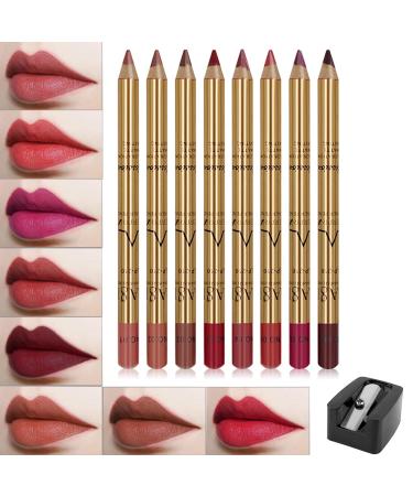 DELISOUL 8 Colors Matte Lip Liner Pencil Set Natural High Pigmented Waterproof Long Lasting Non-Sticky Ultra Fine Contour Shaping Smooth Makeup Lip Liners with Pencil Sharpener