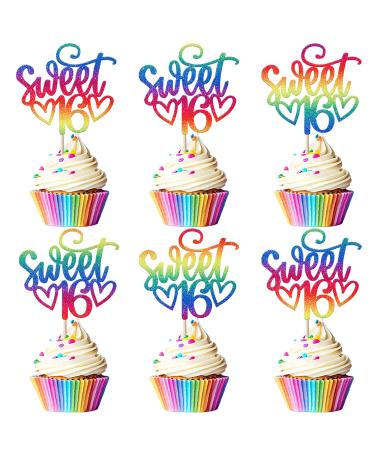 24 Pack 16th Birthday Cupcake Toppers Glitter Sixteen Happy Sweet 16 Cupcake Picks Cheers to 16 Years Old Cupcake Decorations for 16th Birthday Anniversary Party Cake Decorations Supplies Light Blue 3-rainbow