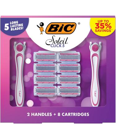 BIC Click 5 Soleil Women's Disposable Razors, 5 Blades With a Moisture Strip For a Smoother Shave, 2 Handles and 8 Cartridges, 10 Piece Razor Set