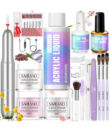 SAVILAND Acrylic Nail Kit with Drill: Professional Nail Kit Acrylic Set for Beginners with Everything 45g Acrylic Powder & 50ml Acrylic Liquid Set with Nail Brush Nail Forms Tools Extension Nail Kit