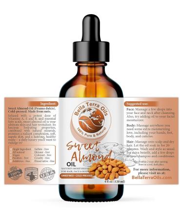 Organic Sweet Almond Oil 4oz - Bella Terra Oils | Pure Cold-Pressed Vitamin E Rich - Luxurious Skin Care - Buy Online on SooperMarket.com