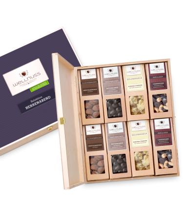 Gift set "Men's evening Best of Chocolate" with noble nuts and chocolate |8 Premium snacks in the birch wood box |Gift for man friend father brother grandpa |Wellnut Premium Premium Best of Chocolate 8 snacks in the birch wood box