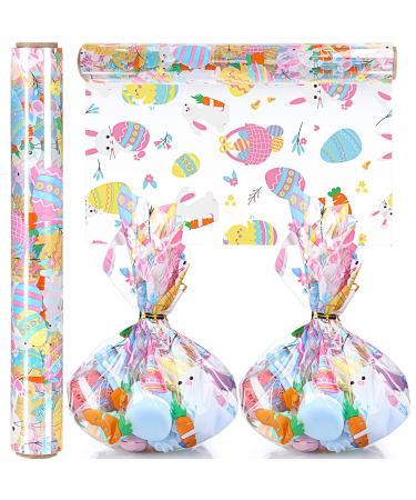 Easter Cellophane Wrapping Paper 100 ft x 16 Inch 2.5 Mil Thick Cello Wrap Roll Crystal Clear Easter Themed Paper Wrapper Colored Bunny Egg Cellophane Gift Wrap for Small Baskets Treats Craft Flowers