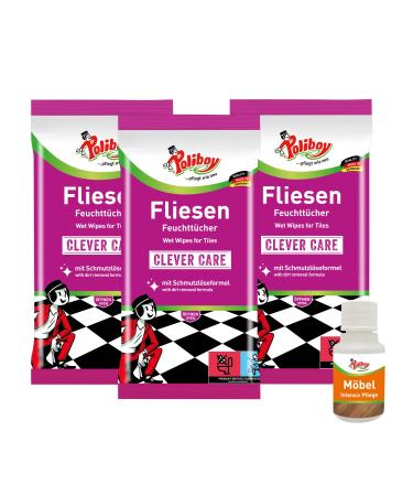 Poliboy tiles wet wipes - wet floor towels for wiping - 3x 15 towels - with product sample - made in Germany tiles 3 pieces (15 pack)