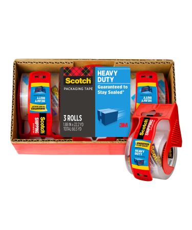 Scotch Heavy Duty Packaging Tape, 1.88" x 22.2 yd, Designed for Packing, Shipping and Mailing, Strong Seal on All Box Types, 1.5" Core, Clear, 3 Rolls with Dispenser (142-3)