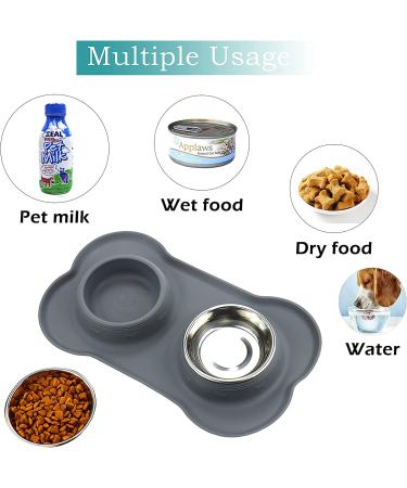 Stainless Steel Double Pet Feeder Bowls with Non-Skid Silicone Mat - Set of 2 Bowls for Dogs and Cats - Small-Medium Size - Grey - Buy Online on SooperMarket.com