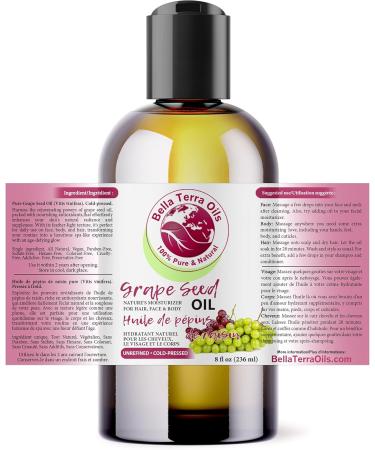 Grape Seed Oil. 236ml. 100% Pure. Cold-pressed. Unrefined. Organic. Rich in Vitamins. Chemical-free. Soothes Skin. Nourishes Hair. Natural Moisturizer for Hair Skin Nails Beard Stretch Marks. Bella Terra Oils. 236 ml (Pack of 1) - Buy Online on SooperMarket.com