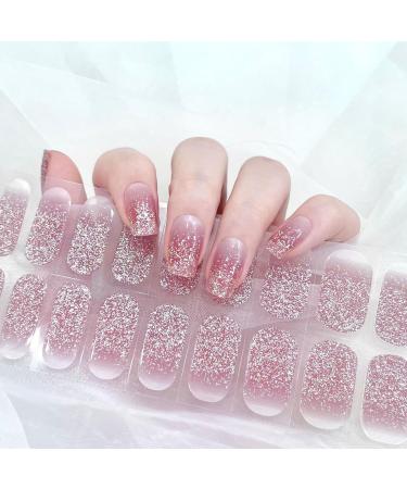Semi Cured Gel Nails Strips Upgraded Second Generation 22 Stickers Nail Wraps Soft Self-Adhesive Gel Nail Stickers Salon-Quality Gel Nail Strips UV/LED Lamp Required (25-Glitter Pink)