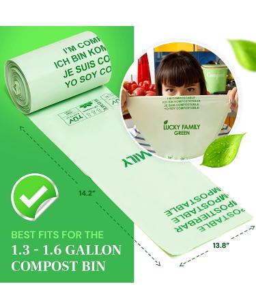 Lucky Family Green Compost Bags for Kitchen Countertop Bin 1.3 up to 1.6 Gallon - 100% Compostable Food Waste Trash Repurpose - Perfect Biodegradable Organic Eco Friendly - 50 Bags per Roll 50 Count (Pack of 1) - Buy Online on SooperMarket.com