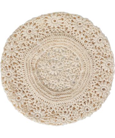 ZLYC Handmade Cotton Slouchy Crochet Beret with Cutout Floral Design - Plain Beige Women's Beanie Hat - Buy Online on SooperMarket.com