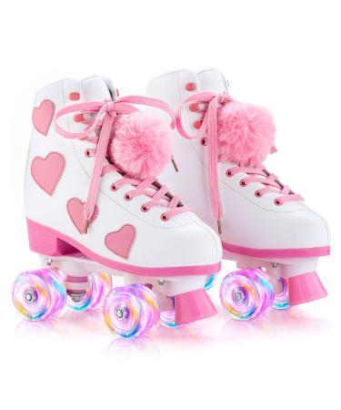 Ruthfot Women's and Girl's Classic Roller Skates with Light up Wheels and Love Heart Pattern, High-top PU Leather Rollerskates White Women's 6
