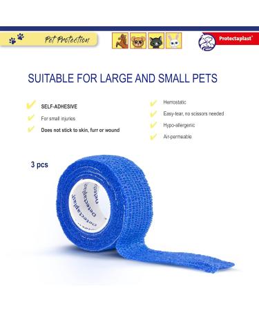 Protectaplast Self-Adhesive Bandage for Pets | 3 Pieces (2.5cm x 4.5m) | Latex & Glue-Free Dressing for Dogs Cats & Horses - Wound Care & Joint Support - Buy Online on SooperMarket.com
