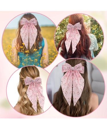 Andibro Pink French Bow Hair Clip Flower Pattern Ribbon Bow Hairpins Long Tail Big Bow Barrettes Soft Silky Satin Hairclips 90's Aesthetic Hair Accessories Decor with Metal Clip for Women - Buy Online on SooperMarket.com