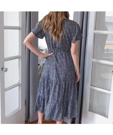 BOXIACEY Spring Dress for Women - V Neck Short Sleeve Maxi Dress with Belted Ruffle Hem | Small Dark Blue - Buy Online on SooperMarket.com