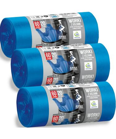 Blue garbage bags 60l with handle large pack of 60 pieces - 70x59cm 25 m 100% recycled Eucertplast - Henkel closure household & medium -sized garden waste long lasting 60 pieces - 60 l - 25 m